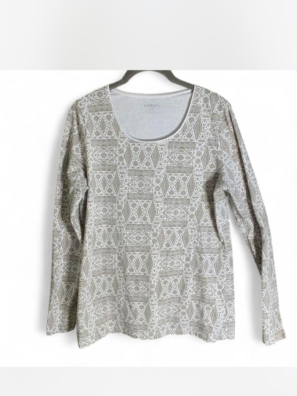 Kim Rogers Long Sleeve Scoop Neck Geometric Print Top taupe- Gray size M